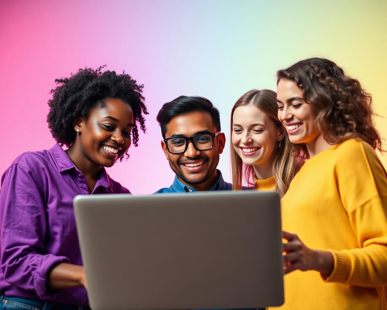 Pessoas sorrindo enquanto aprendem idiomas juntas no computador